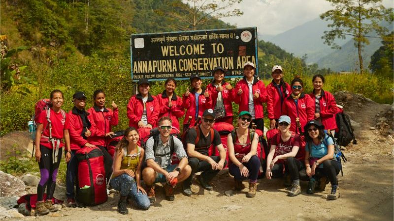 A group of trekkers on the Annapurna Base Camp trail.