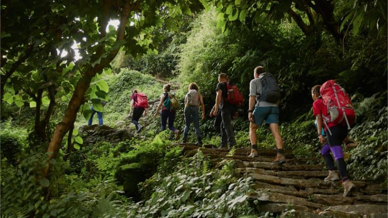 Trekkers climbing up a flight of stairs in Nepal.