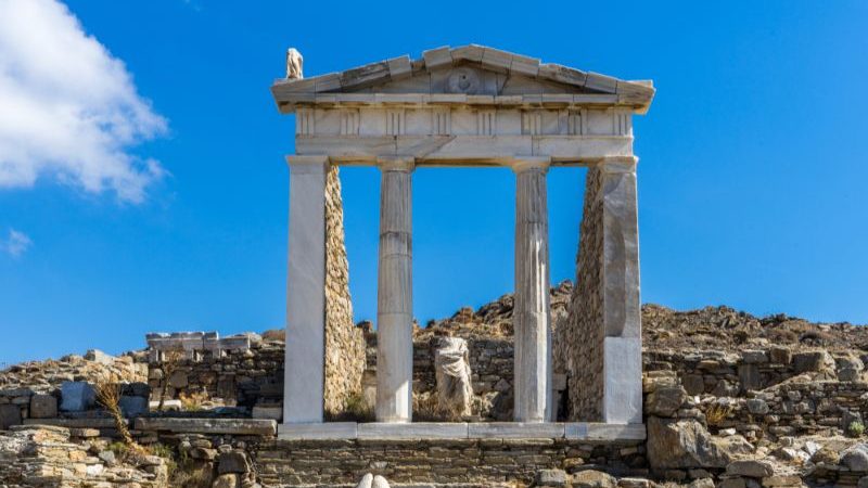 Ancient monuments and ruins on Delos, Greece.