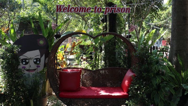 Leafy courtyard in a women's prison