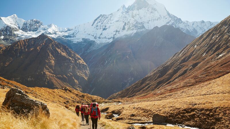 A group of porters walking into Annapurna Base Camp