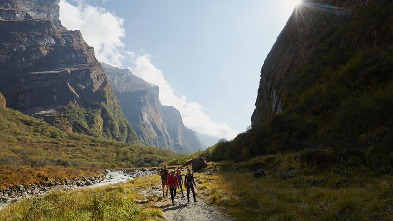 A group of hikers on the Machhapuchhre trail in Nepal