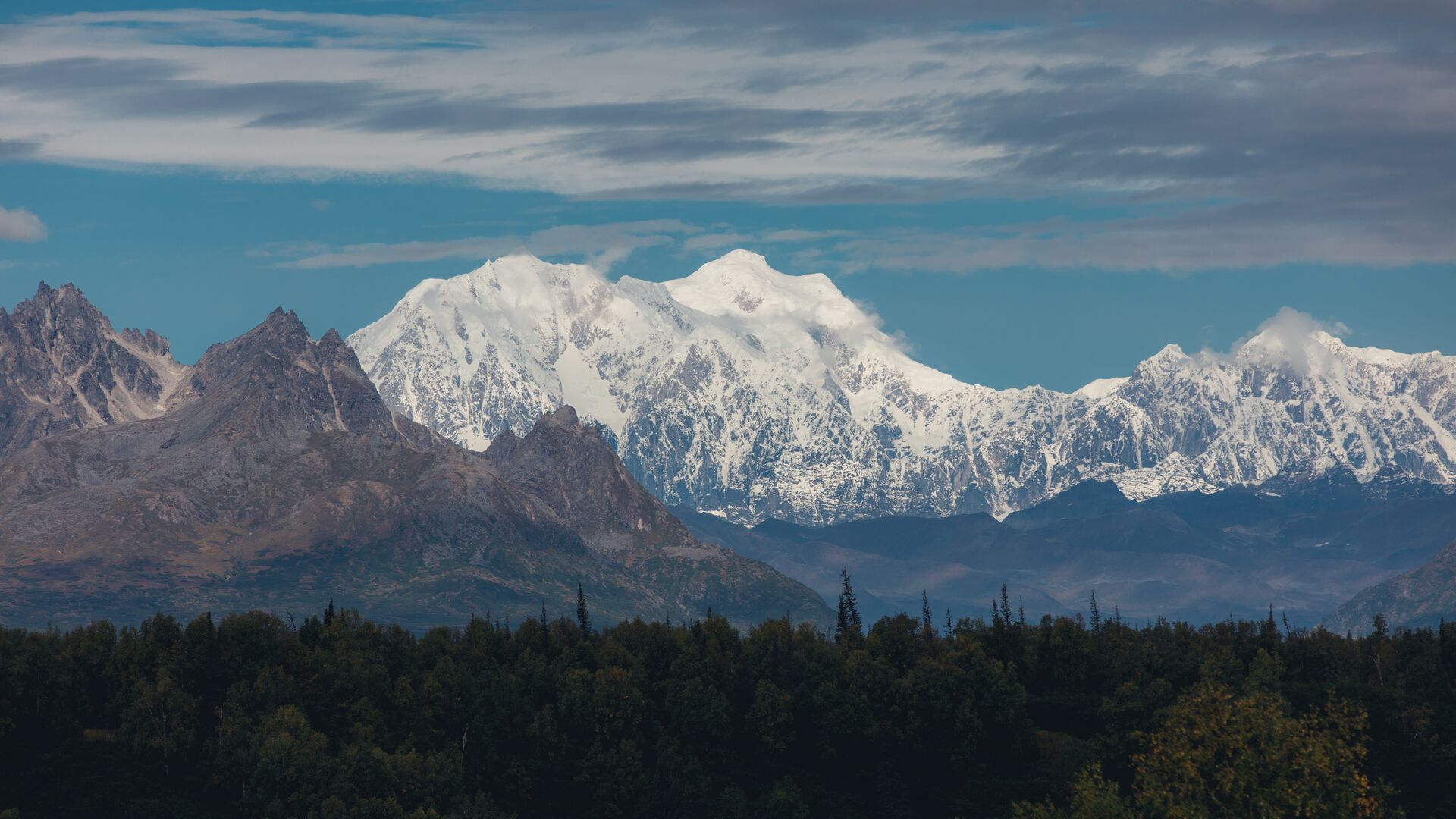 The snow-capped massive mountain of Denali in Denali National Park, Alaska.