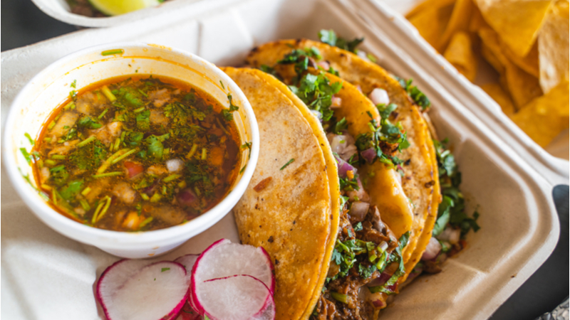 Birria tacos with consomme.