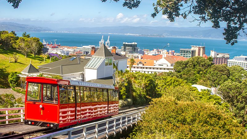 The cable car on a sunny day in Wellington.