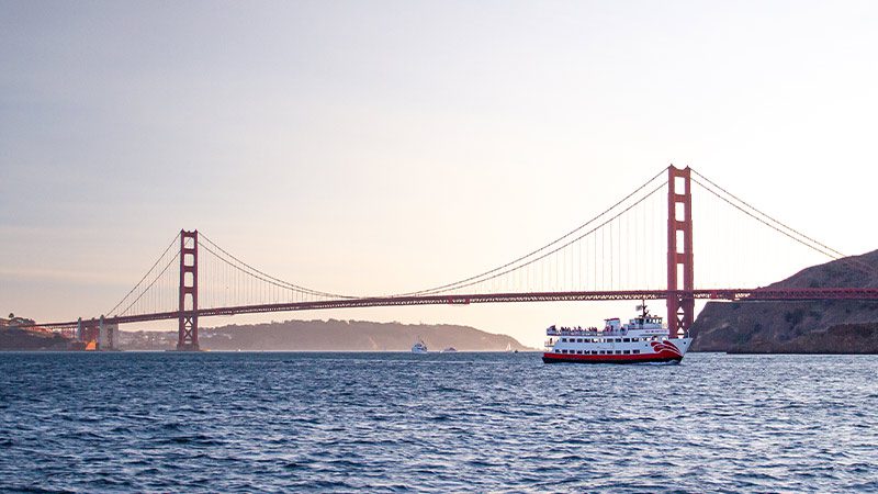 A cruise on San Francisco Bay under the Golden Gate Bridge.