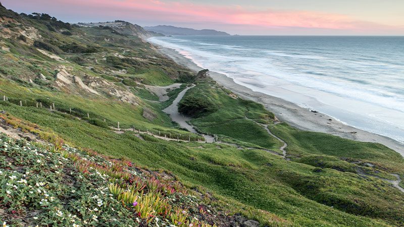 Fort Funston trails and surrounding beach at sunset.
