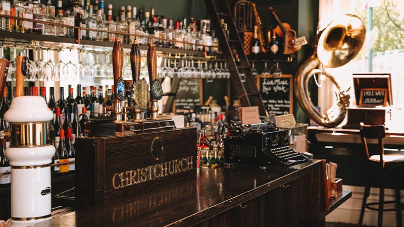 The old-school bar at O.G.B's in Christchurch.