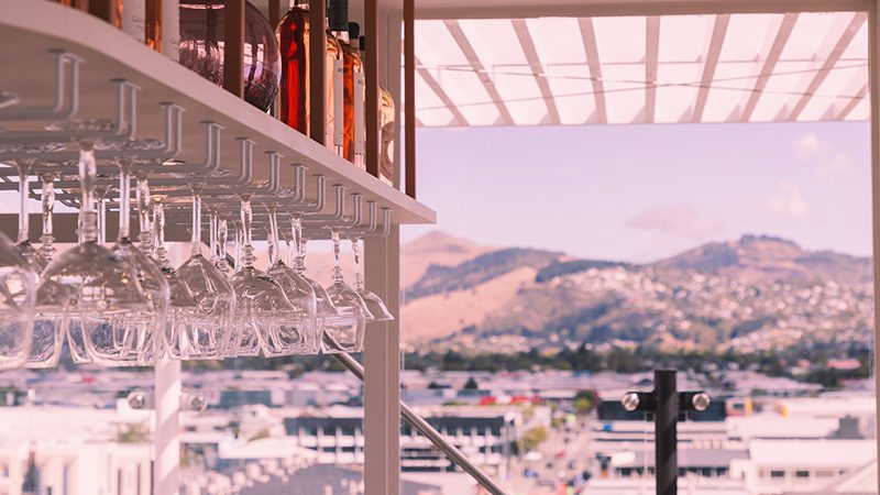 The Pink Lady's rooftop area with Christchurch's Mountain Ranges in the distance.