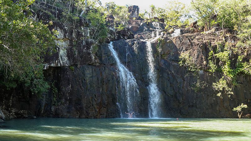 People in the waterfall in Cedar Creek Falls