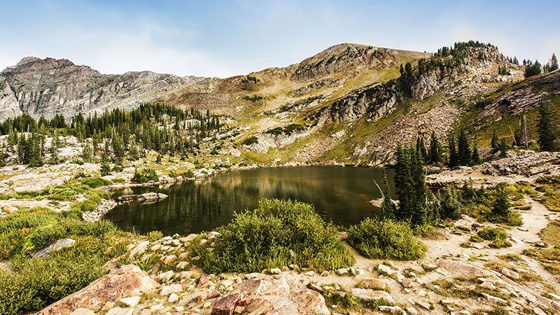 Lake Cecret in Salt Lake City on a clear, sunny day.