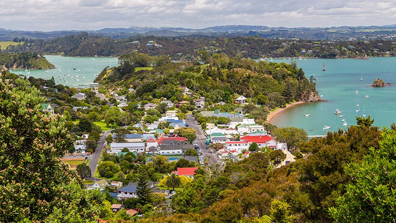 An aerial shot of the small, historic town of Russell in the Bay of Islands.