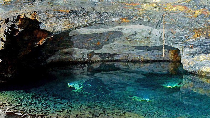 The underground lake at Carnglaze Caverns in Cornwall.