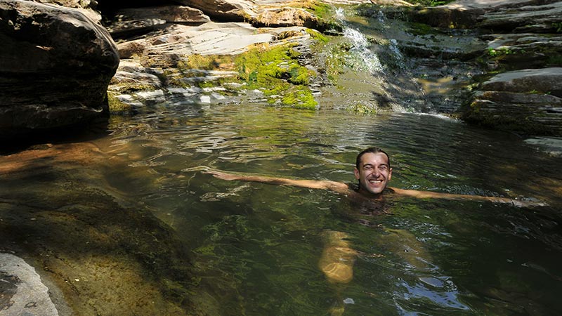 Traveller swiming in a freshwater swimming pool in the Daintree.
