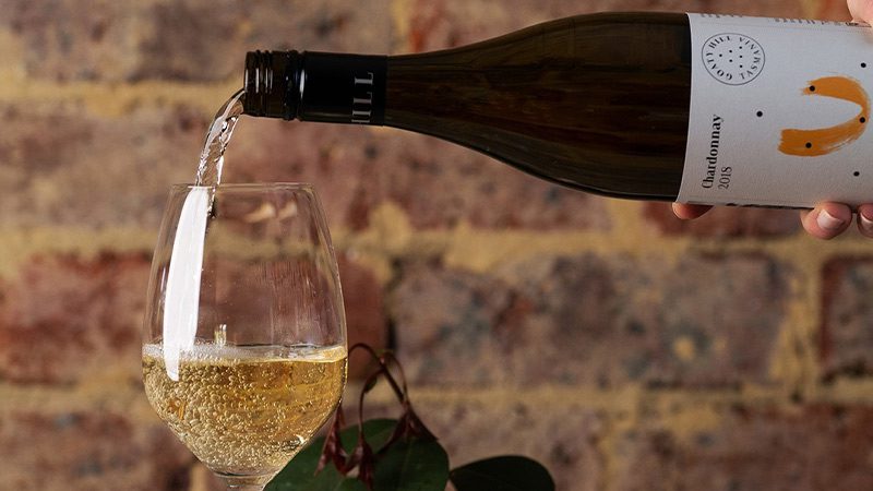 A glass of Goaty Hill Wines' Chardonnay in Tasmania.