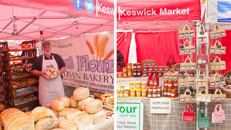 A local producer selling goods at a stall at Keswick Market