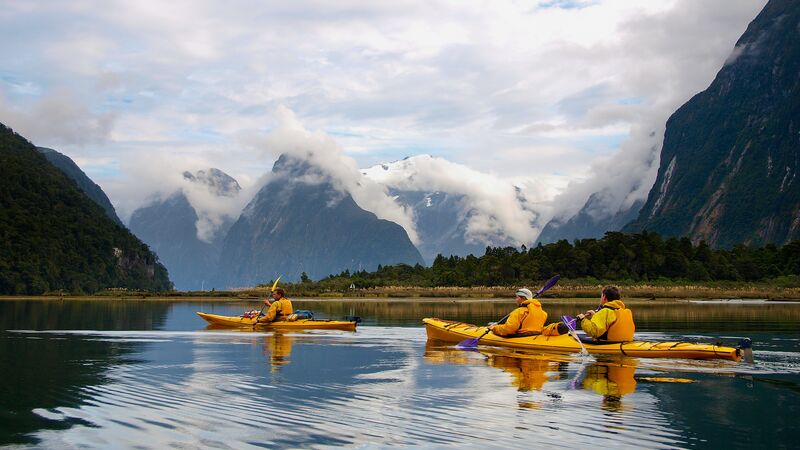 A group of kayakers out on the water in Milford Sound