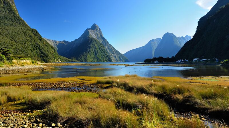 A scenic view of the fjord and peaks of Milford Sound