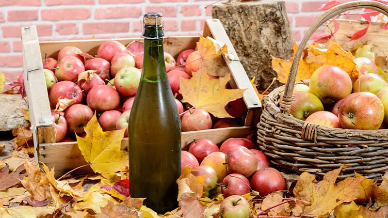 Bottles of cider and apples on autumn leaves