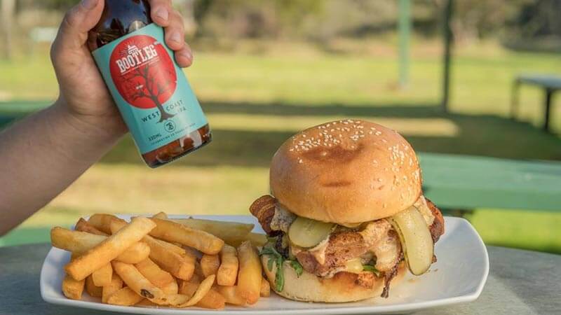A beer, burger and hot chips from Bootleg Brewery
