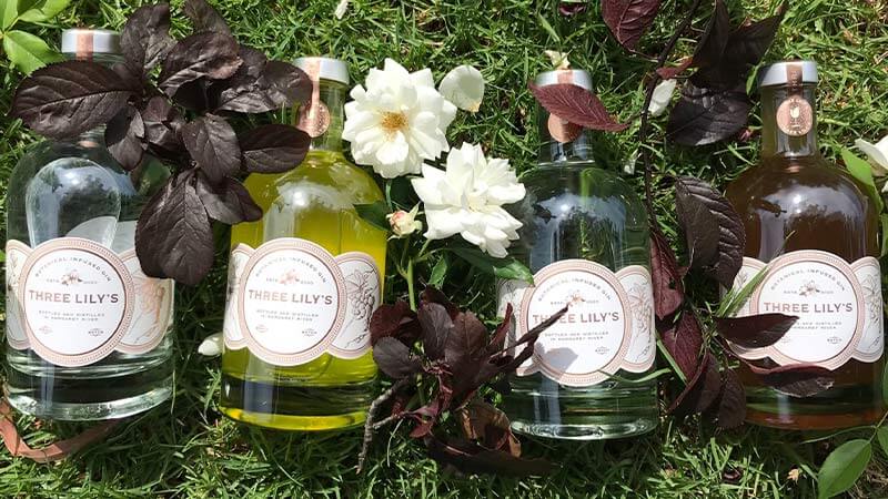 Four bottles of Three Lily's Gin on the grass