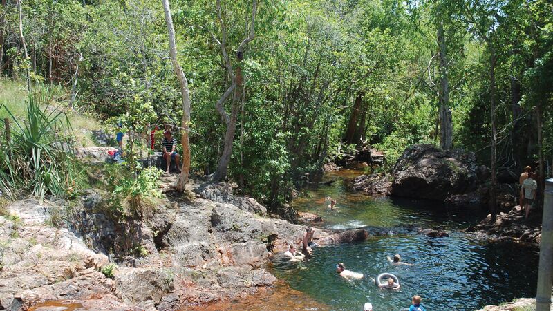 A group of travellers swimming in a watering hole in Litchfield National Park.