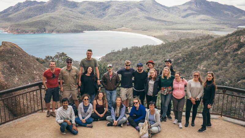 A group of Intrepid travellers on the Wineglass Bay Lookout