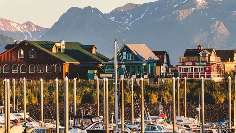 Colourful buildings and boats in the town of Homer