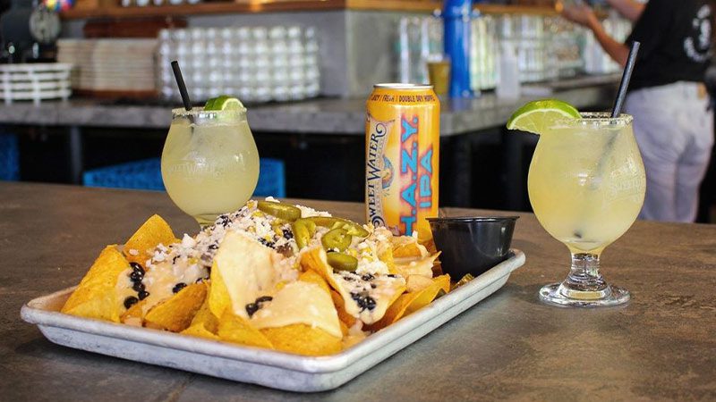 A selection of drinks and food at SweetWater Brewery in Atlanta, Georgia.