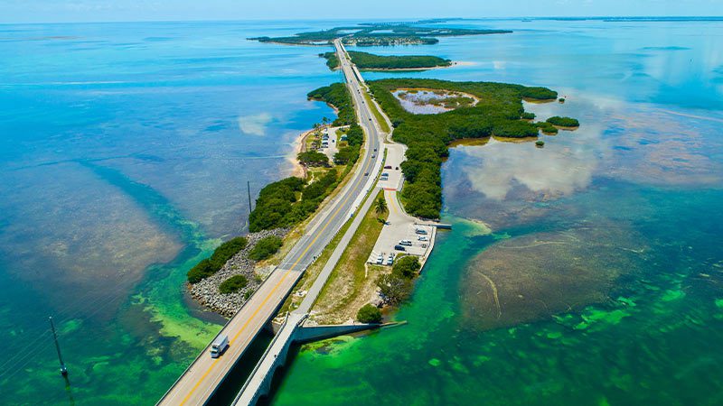 An aerial view of the Overseas Highway at the Florida Keys