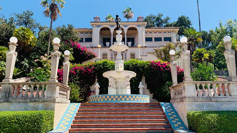 Intricately detailed exterior of Hearst Castle.