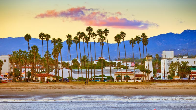 The beach at Santa Barbara at sunset.