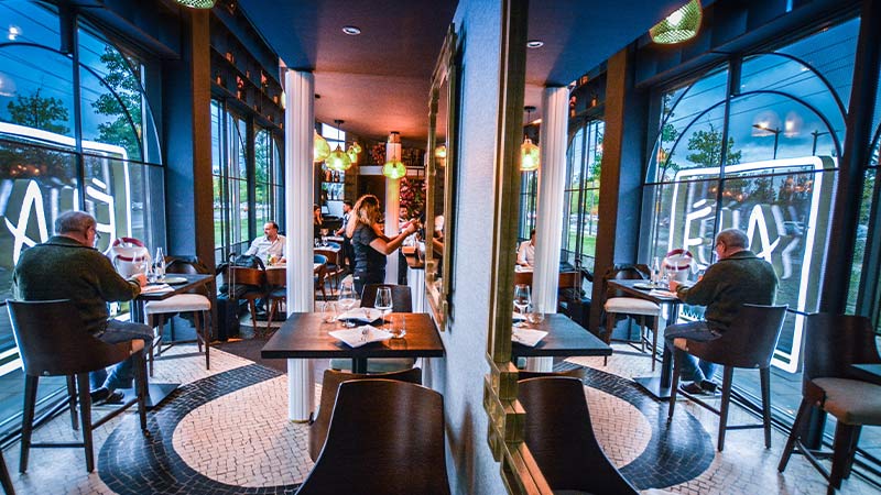 The sophisticated and modern interior of Ela's, a greek restaurant in Luxembourg.