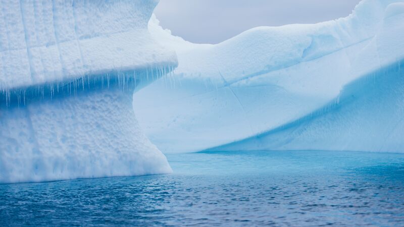 Two huge ice formations floating on top of the water.