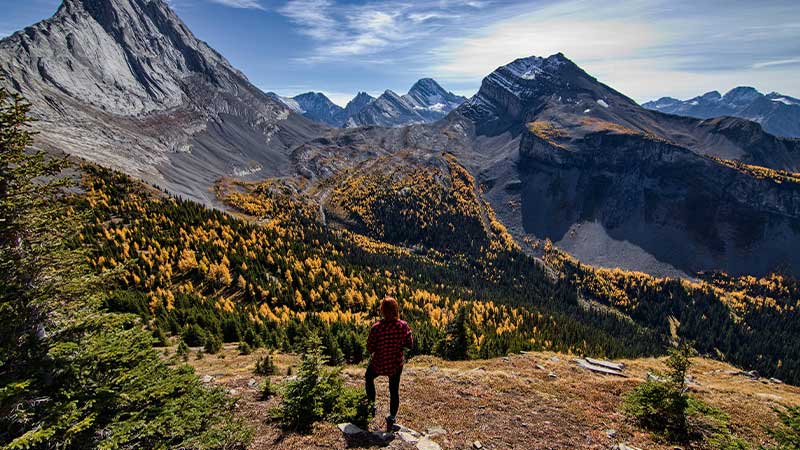 Travelers stand on a rocky outcrop and look out over the mountain landscape of the Canadian Rockies. 
