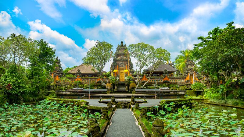 The beautiful grounds of Pura Taman Ayun temple in Bali