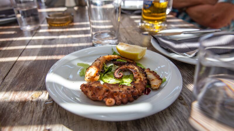 Octopus cooked to perfection, plated on a bed of lettuce with a lemon wedge on the side. 