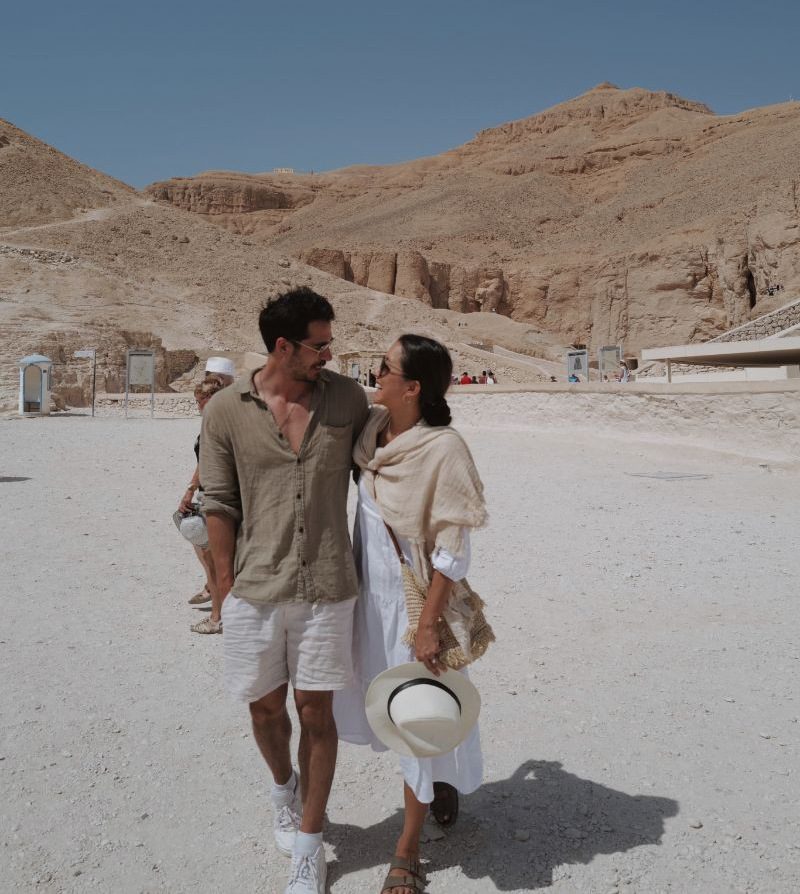 A smiling couple on their honeymoon in Egypt