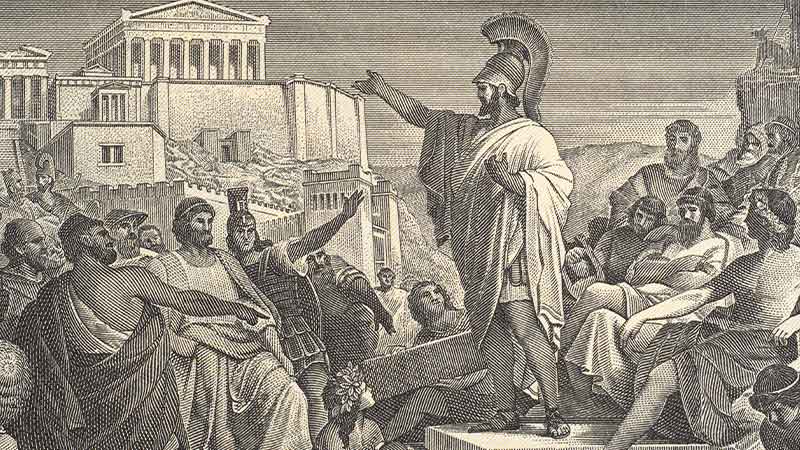 An old image of a democratic hearing in ancient Greece