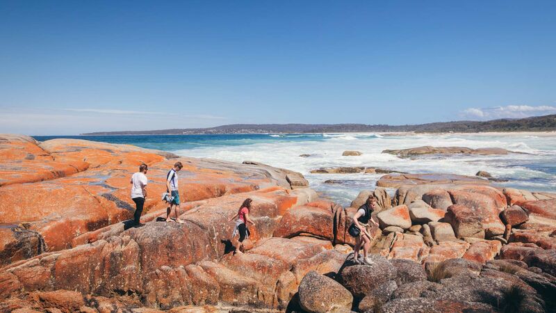 A group of people scrambling over orange-coloured, lichen-covered rocks at the Bay of Fires.