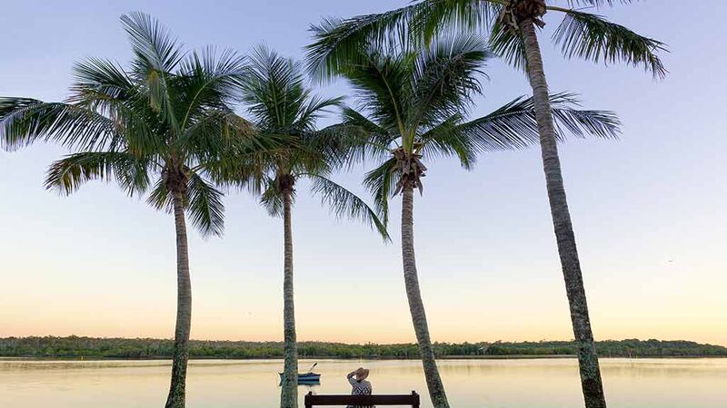 A woman sitting in front of a body of water with palm trees in the background at sunset in Noosa. 