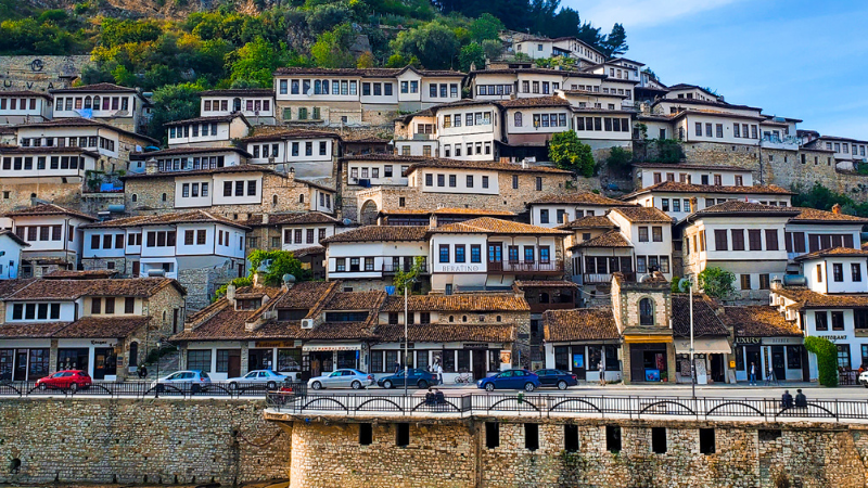 A cliff covered in houses