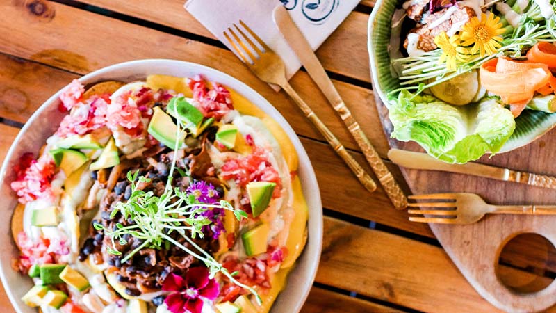 A group of colourfully plated meals.