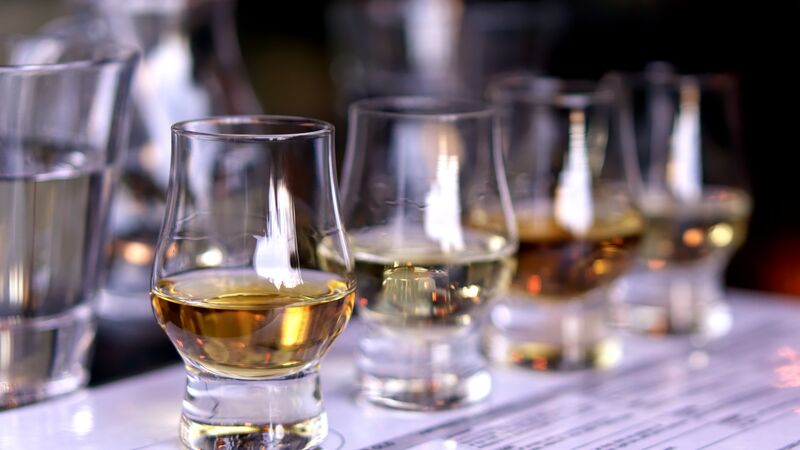 A collection of whisky glasses all with amber coloured whisky inside. 