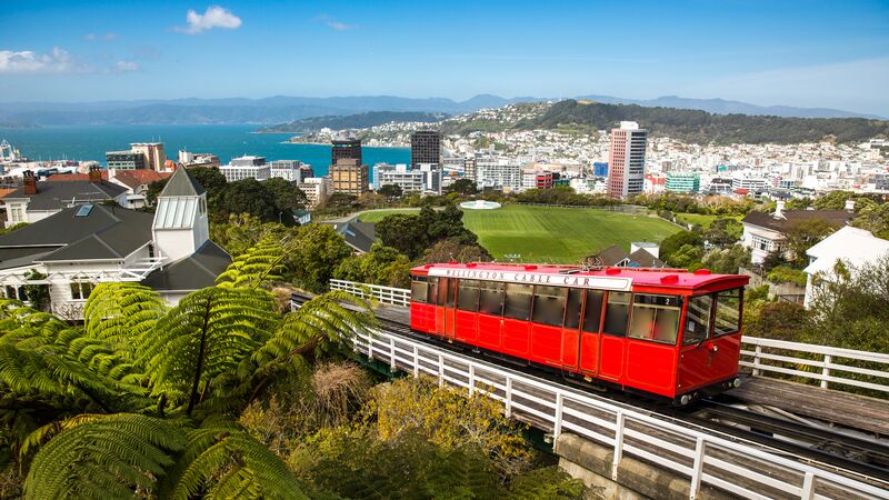 The red cable car on the outskirts of Wellington. 