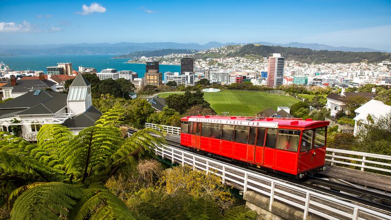 The red cable car on the outskirts of Wellington.