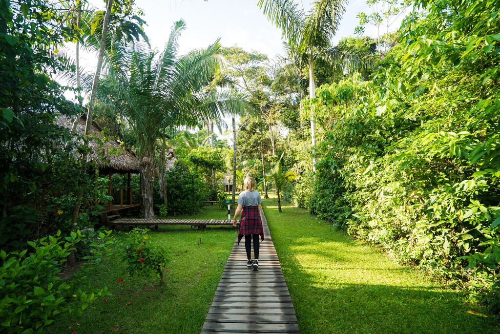 Traveller walking towards an eco lodge in the Amazon rainforest, Peru