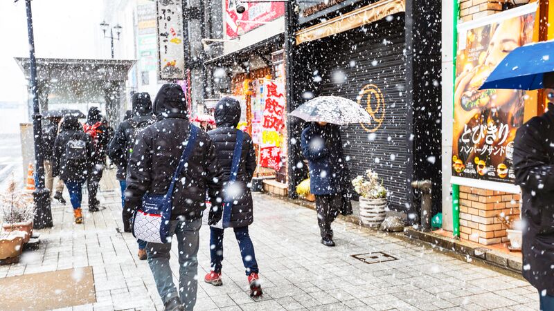 People walking along a street while it snows. 