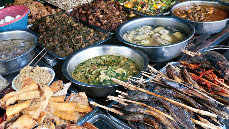 An colourful assortment of street food options at a Cambodian market