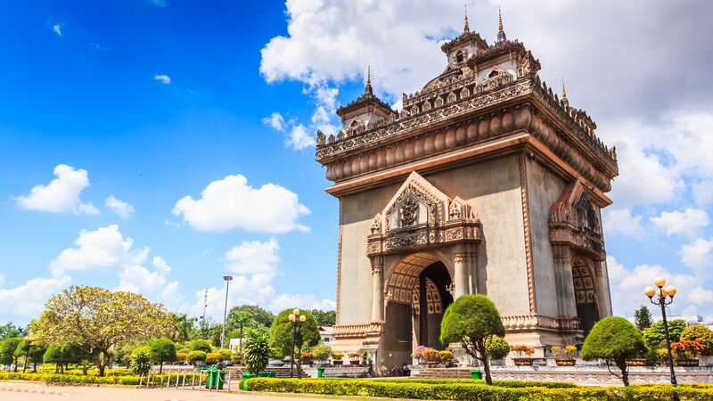 The ornate and detailed Laotian version of the Arc de Triomphe in Vientiane.